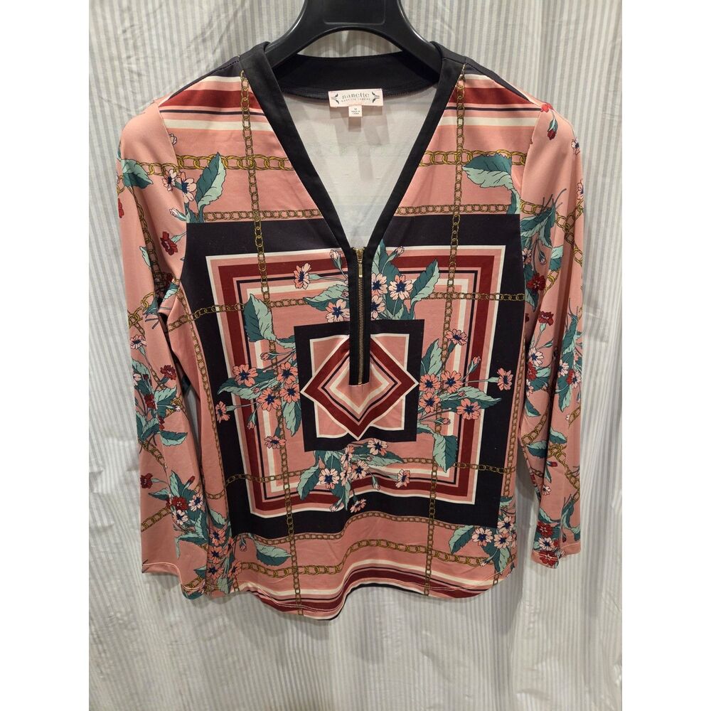 Nanette Lepore Scarf Print Blouse Pink Floral Chain Zip V Neck Tunic Top Size M